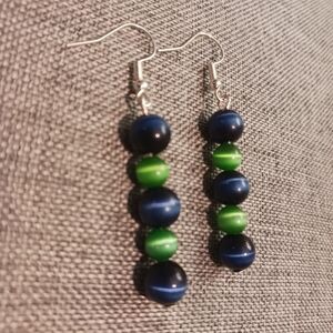 Dark Blue and Green Earrings Cat's Eye Glass Beads - New Item  (2")